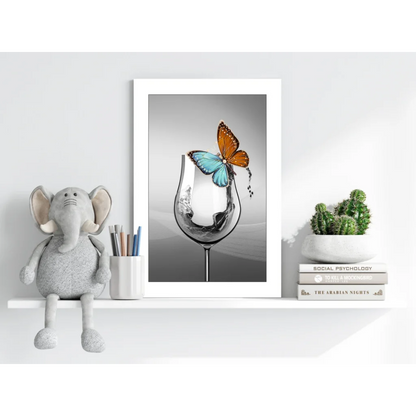 Framed black-and-white insigne aluminum print of orange blue butterfly on wine glass