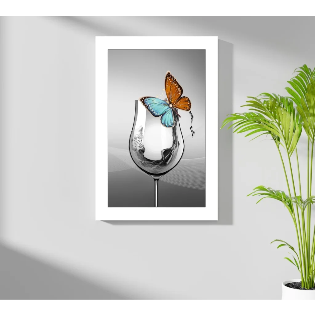 Vibrant orange and blue butterfly on wine glass in Insigne aluminum print