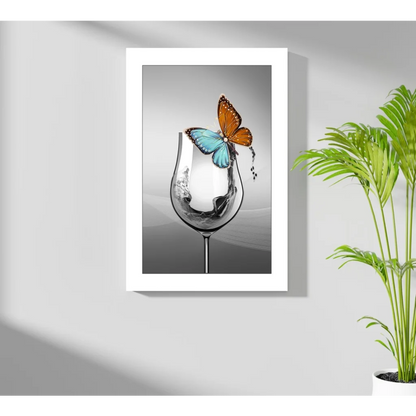 Vibrant orange and blue butterfly on wine glass in Insigne aluminum print