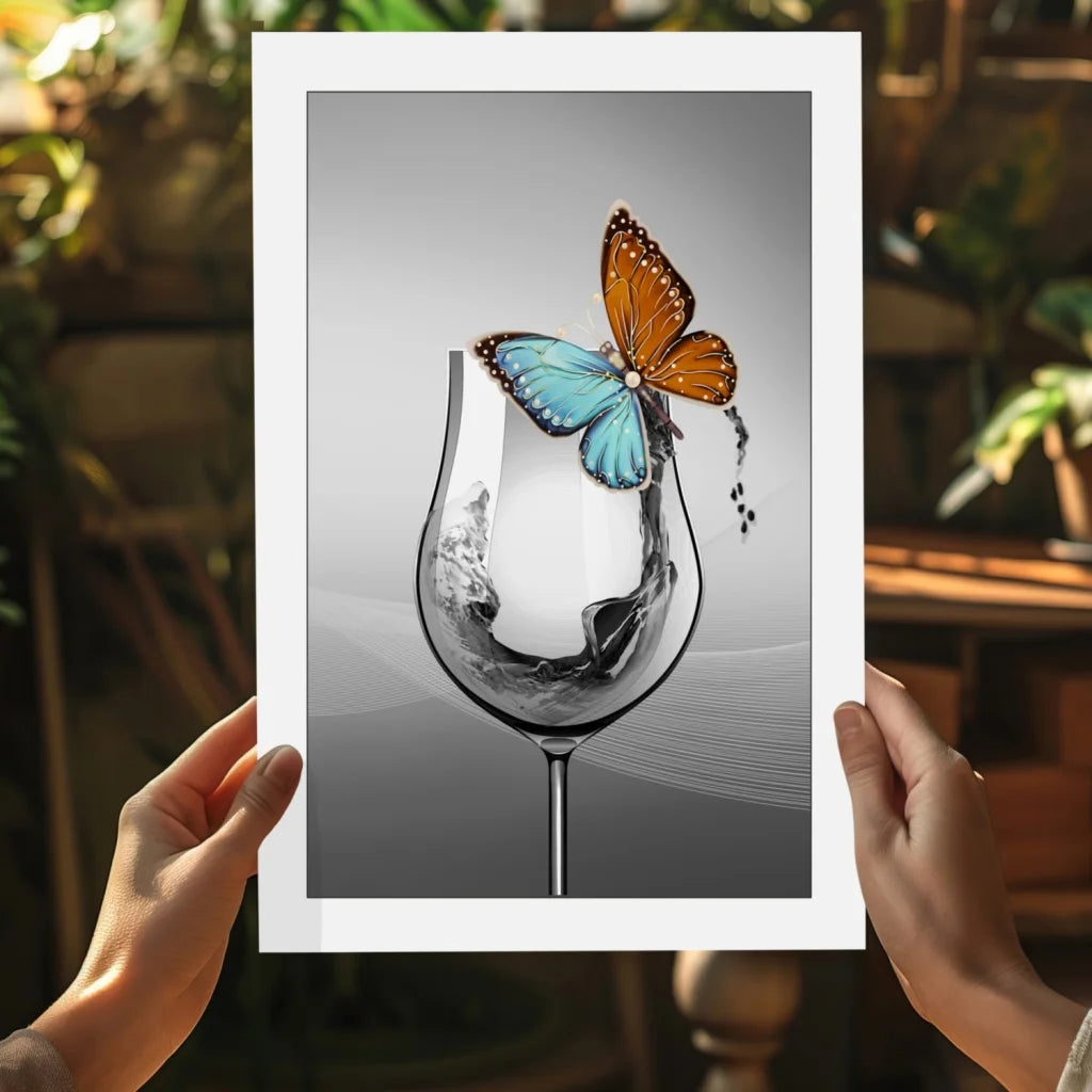 Vibrant orange blue butterfly on wine glass in insigne aluminum prints