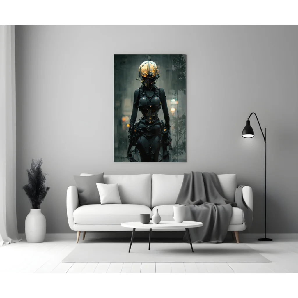 Cyberpunk golden helmet warrior in glass wall art print