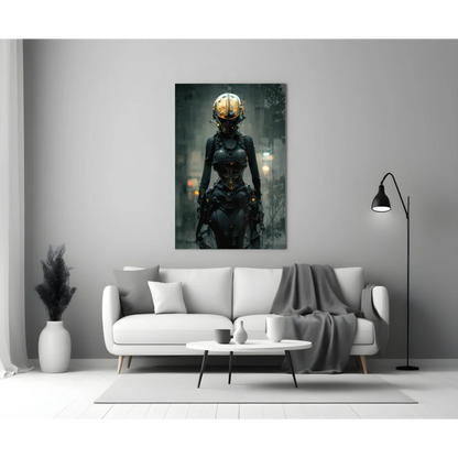 Cyberpunk golden helmet warrior in glass wall art print