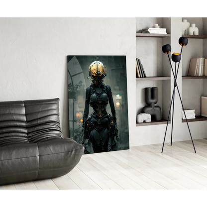 Cyberpunk golden helmet warrior glass wall art print