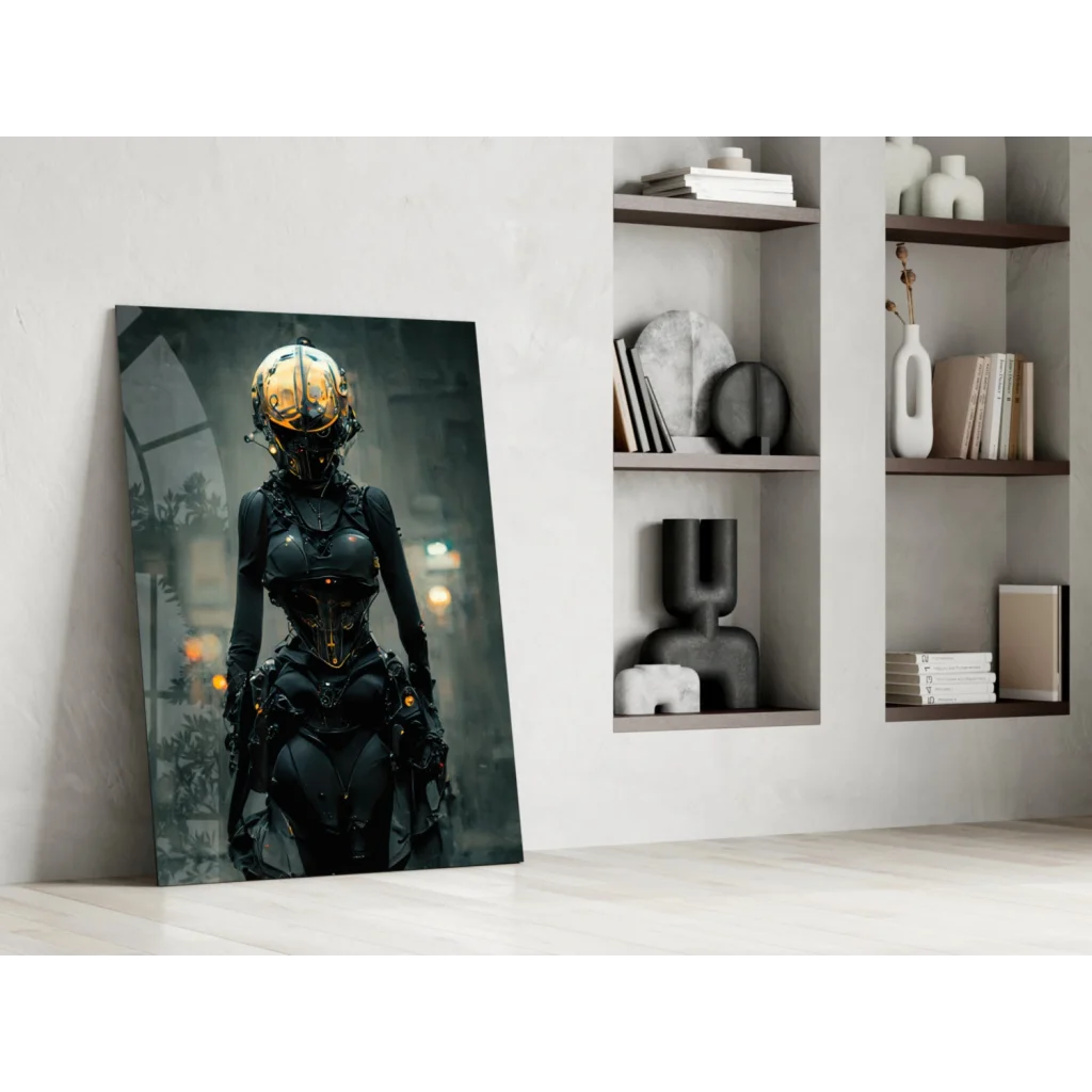 Futuristic cyberpunk warrior in gold helmet on glass wall art