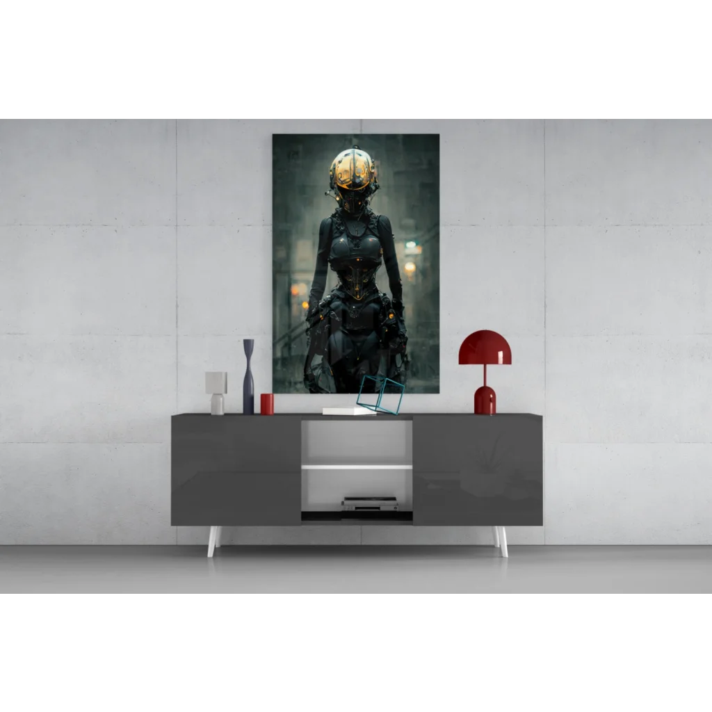 Cyberpunk golden helmet warrior glass wall art print on canvas