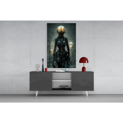 Cyberpunk golden helmet warrior glass wall art print on canvas