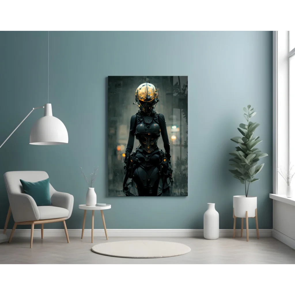 Futuristic cyberpunk golden helmet warrior on glass wall art