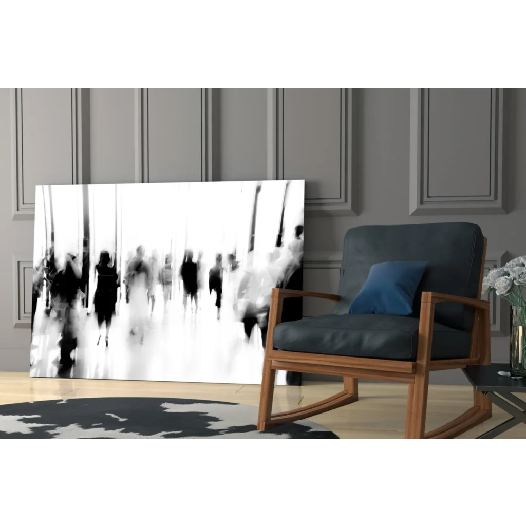 Black and white motion blur hallway wall art canvas of walking silhouettes