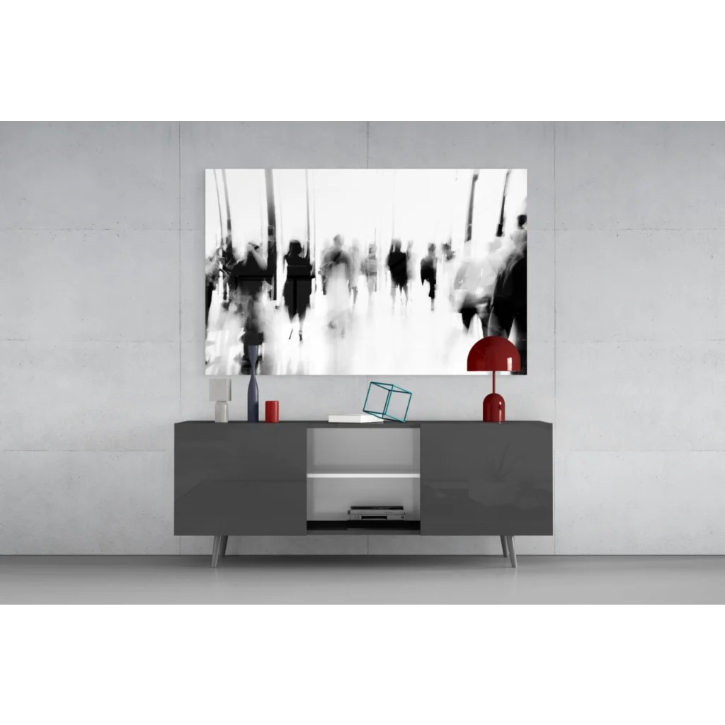 Modern red table lamp with glossy shade beside Motion Blur Hallway wall art