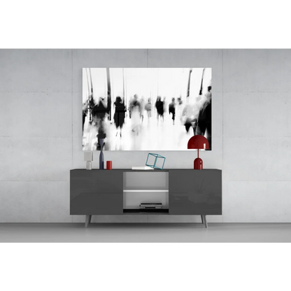 Modern red table lamp with glossy shade beside Motion Blur Hallway wall art