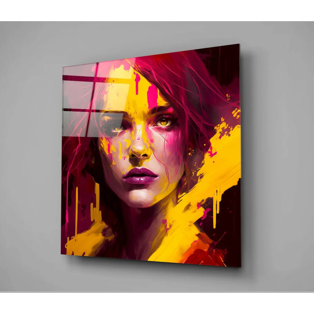 Vibrant glass wall art of abstract woman portrait with yellow magenta splashes
