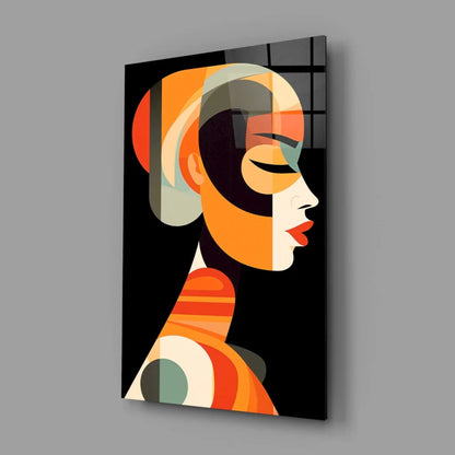 Bold geometric woman glass wall art in orange and black