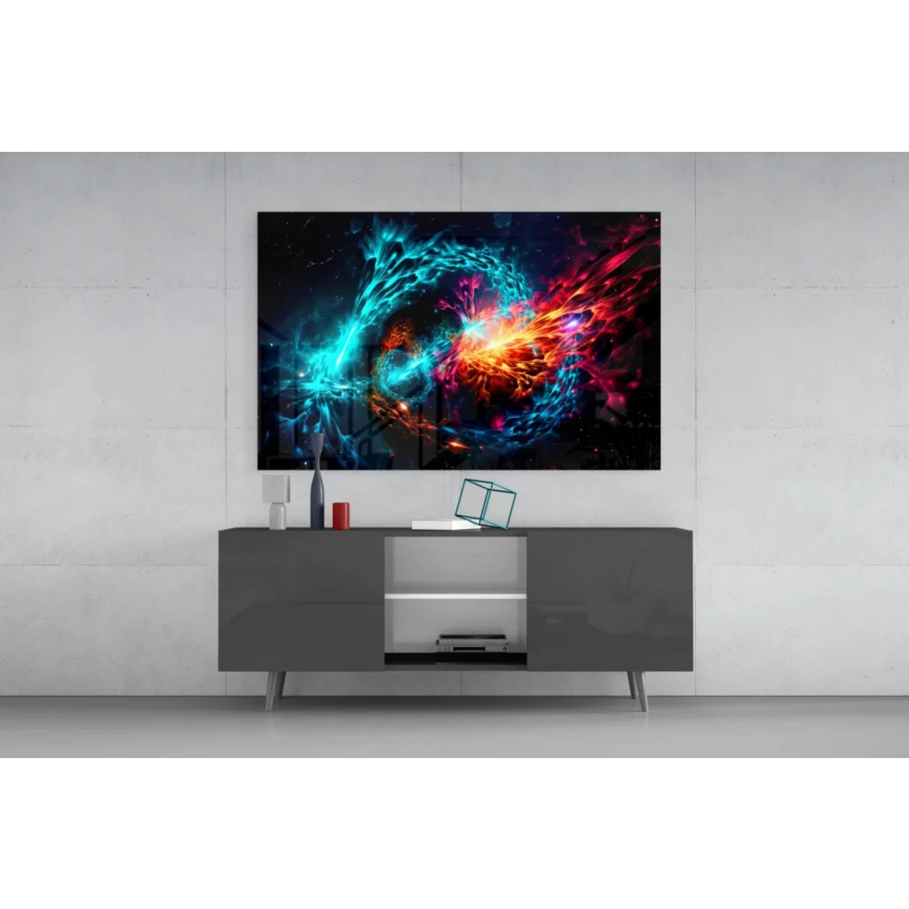 Vibrant cosmic nebula wall art in minimalist frame with swirling galaxy colors