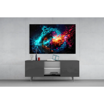 Vibrant cosmic nebula wall art in minimalist frame with swirling galaxy colors
