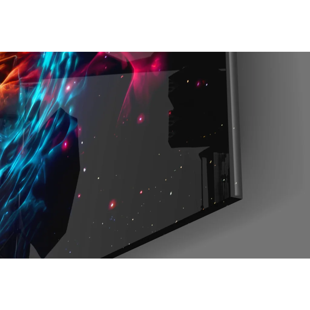 Sleek modern TV showing cosmic nebula wall art with swirling galaxy colors