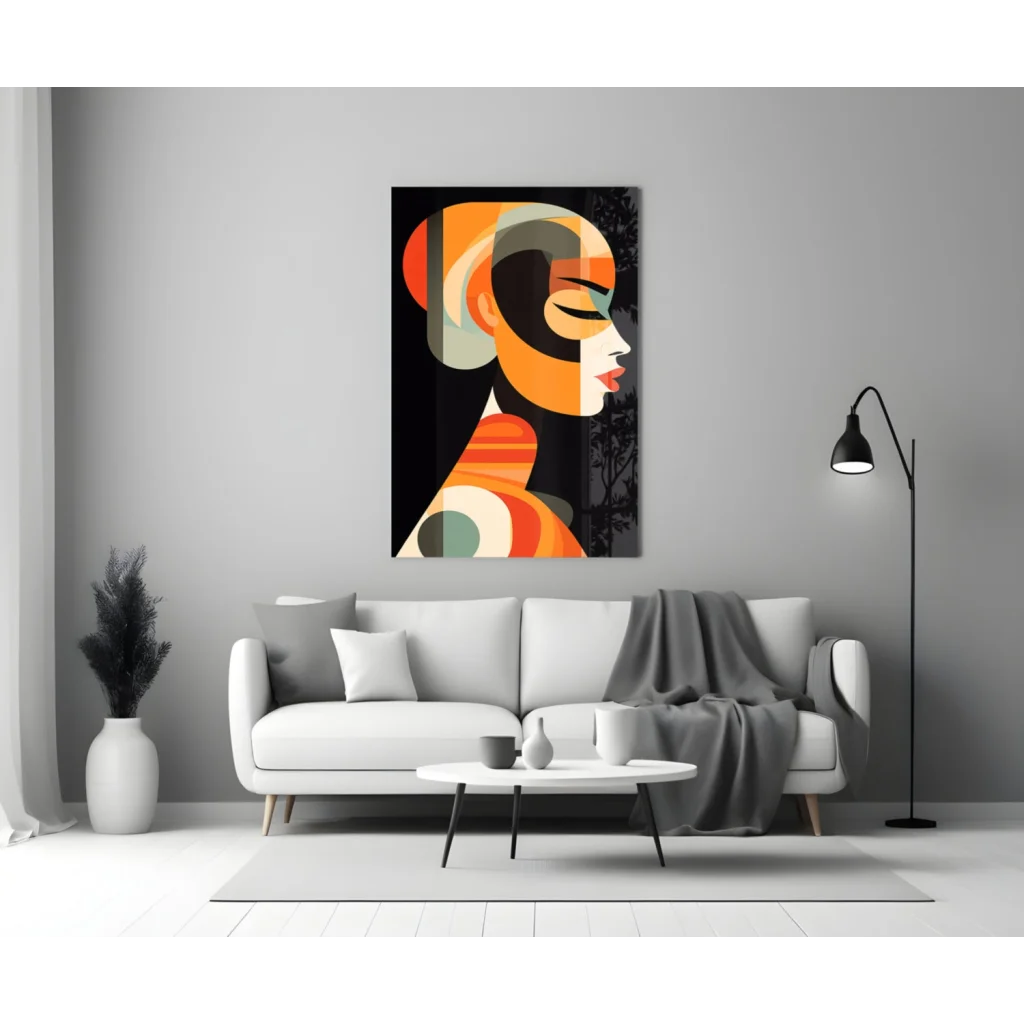 Bold geometric woman glass wall art in vibrant orange, black, cream shapes