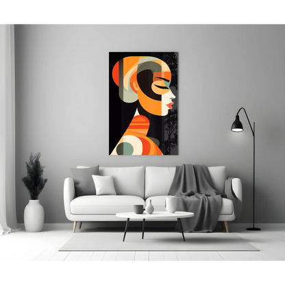 Bold geometric woman glass wall art in vibrant orange, black, cream shapes