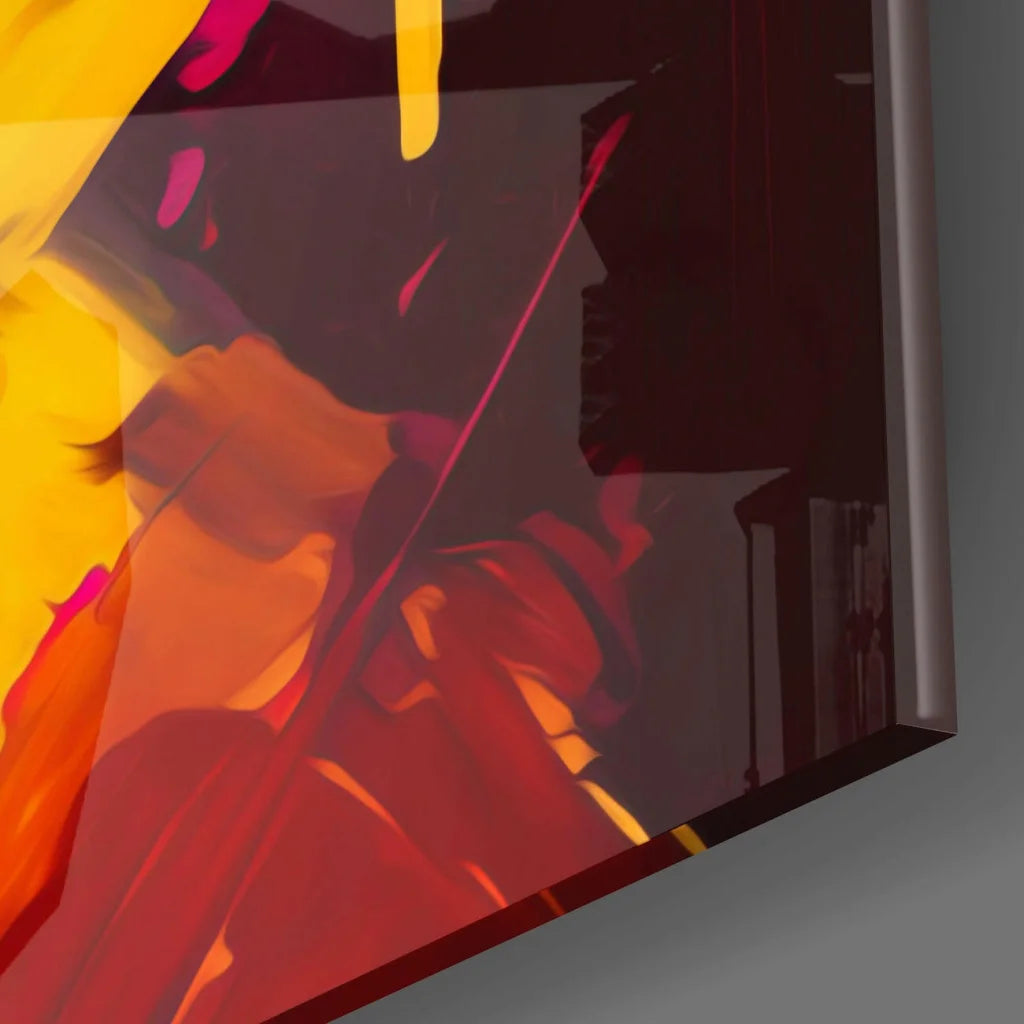 Vibrant glass wall art with bold red, orange, yellow abstract splashes