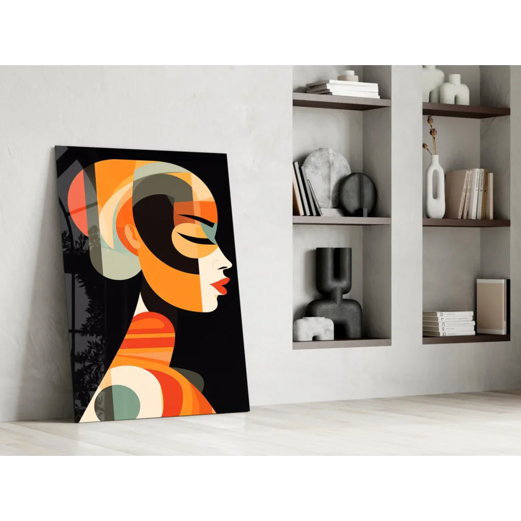Bold Geometric Woman glass wall art in orange, black, and teal on white wall