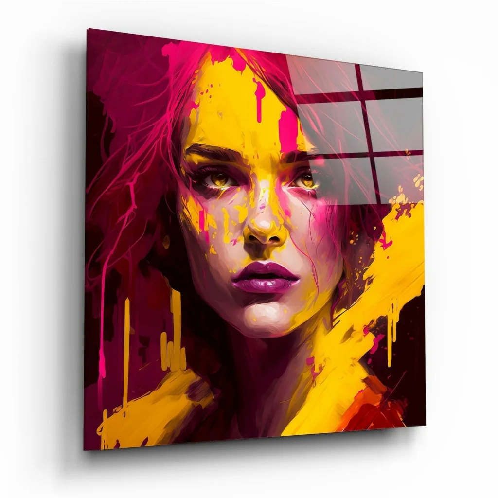Vibrant glass wall art of abstract woman portrait with bold yellow magenta splashes on red gray tones