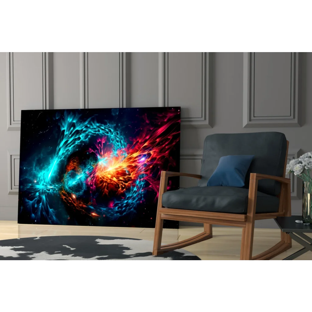 Vibrant cosmic nebula canvas wall art with swirling blues, reds, and oranges