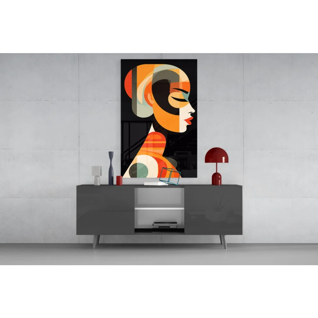 Vibrant bold geometric woman glass wall art in orange, black, cream