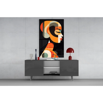 Vibrant bold geometric woman glass wall art in orange, black, cream