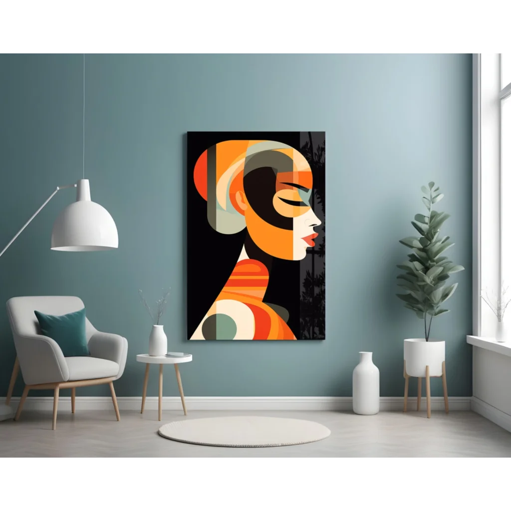 Bold geometric woman glass wall art in orange, black, and green