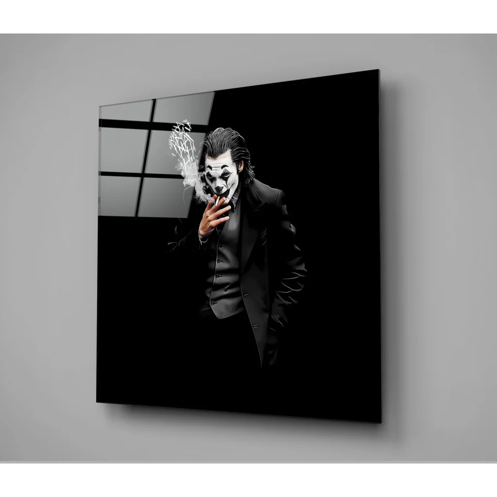 Joker tempered glass art print in black frame on wall