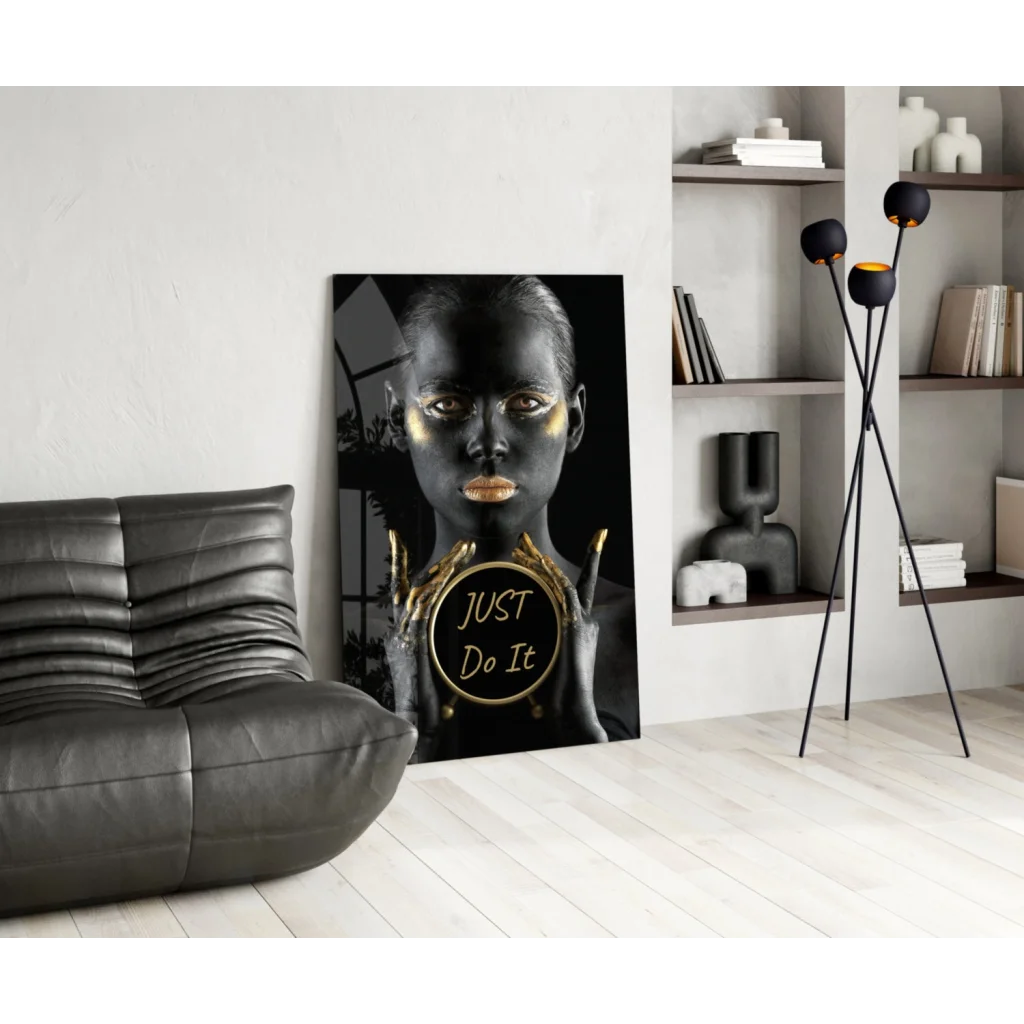 Golden motivational glass wall art with Just Do It in black gold portrait