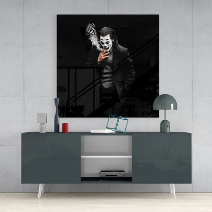 Joker tempered glass art print in sleek black frame, black-and-white style