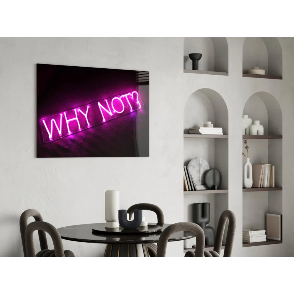Vibrant purple neon Why Not glass wall art sign for bold spaces
