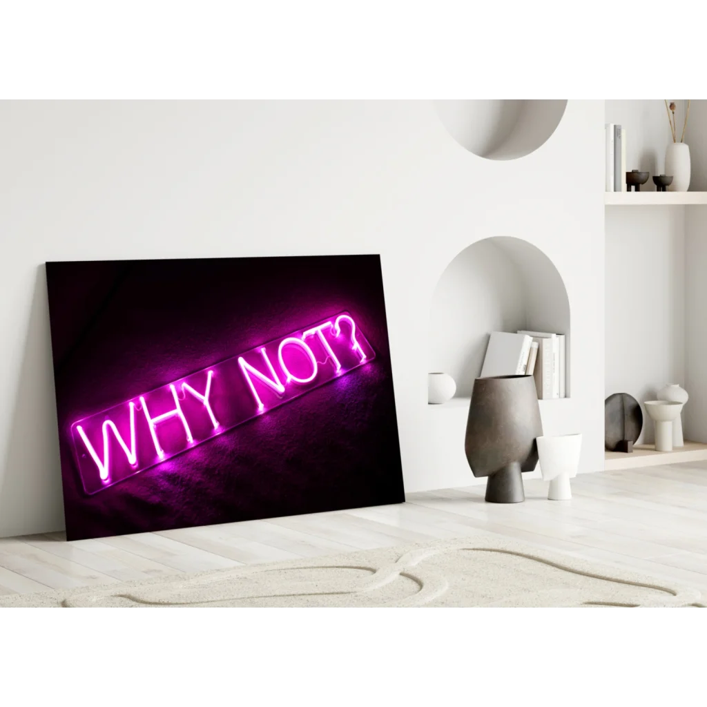 Vibrant purple why not neon glass wall art sign on black canvas