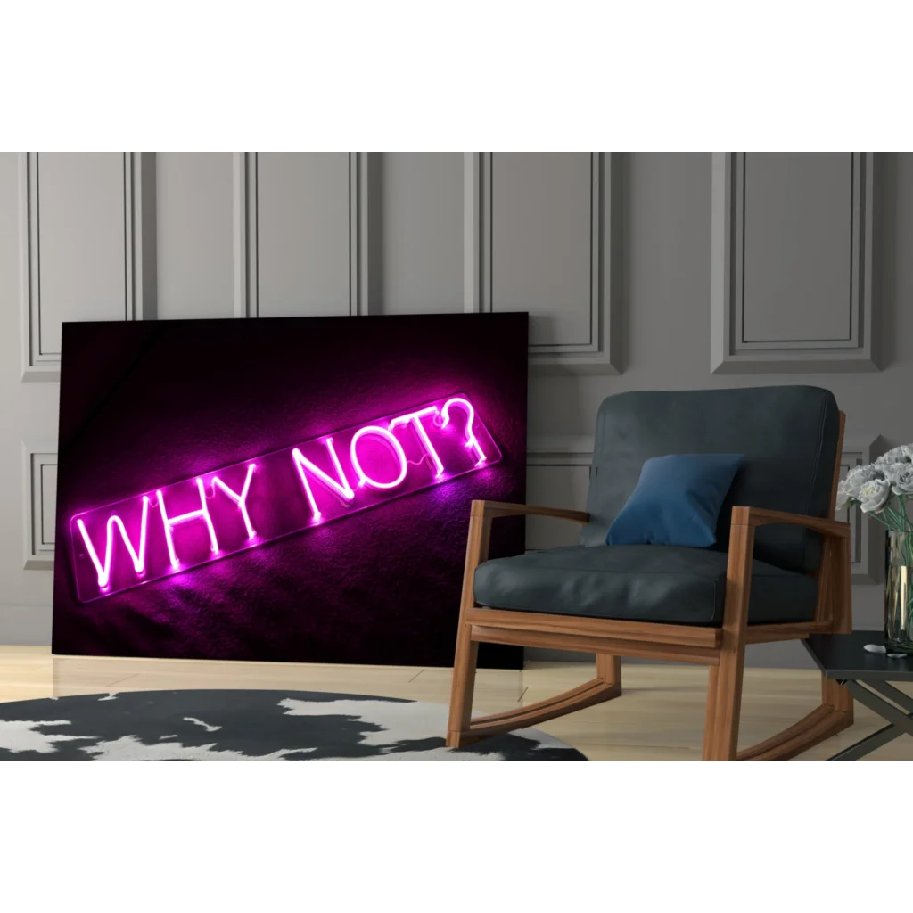 Vibrant purple neon why not sign on pink glass wall art