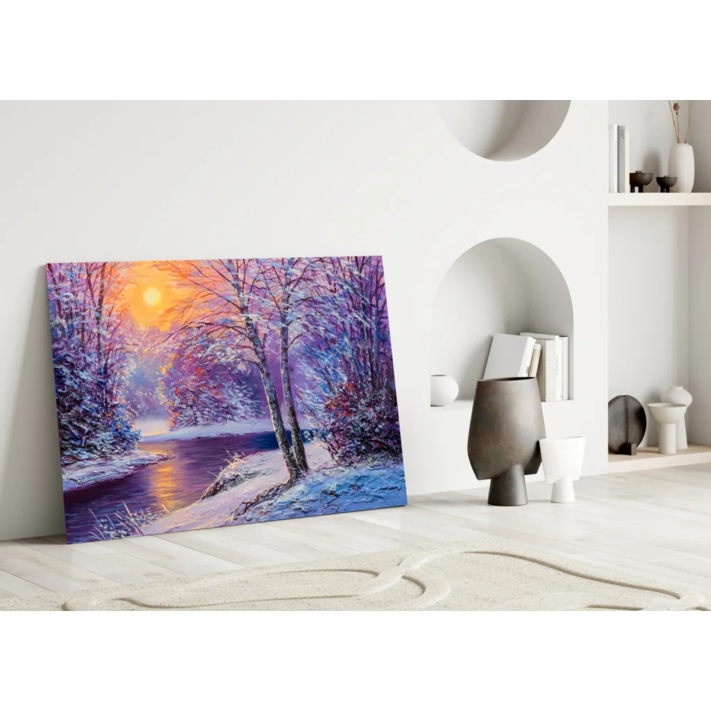 Vibrant winter sunset glass wall art with snow trees and brushstrokes