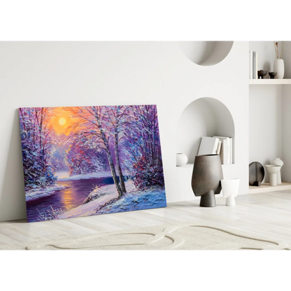 Vibrant winter sunset glass wall art with snow trees and brushstrokes