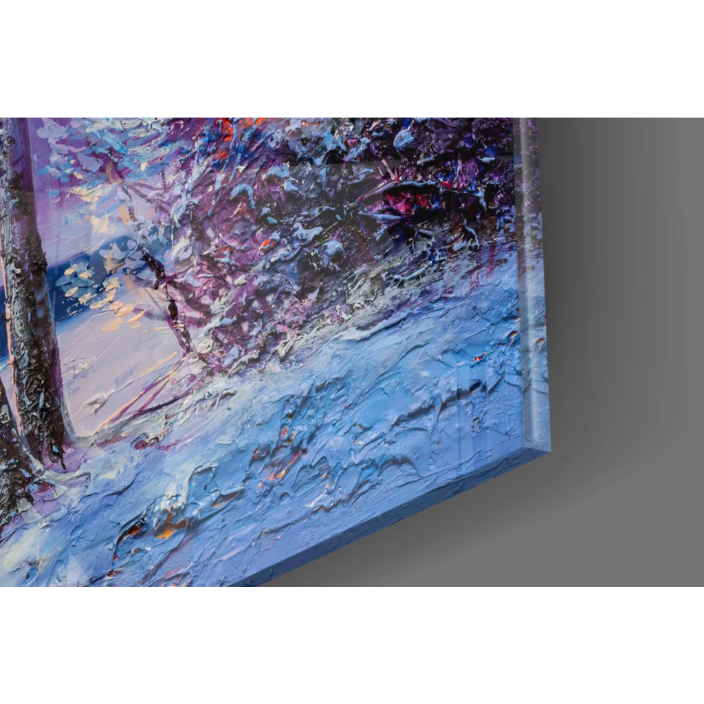 Vibrant impressionist snowy forest glass wall art with thick brushstrokes