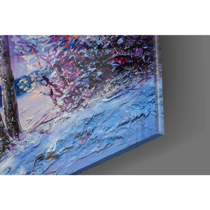 Vibrant impressionist snowy forest glass wall art with thick brushstrokes