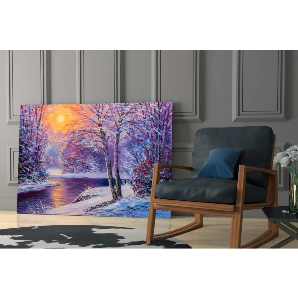 Vibrant winter sunset glass wall art with snow trees and purple skies