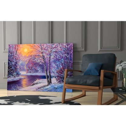 Vibrant winter sunset glass wall art with snow trees and purple skies