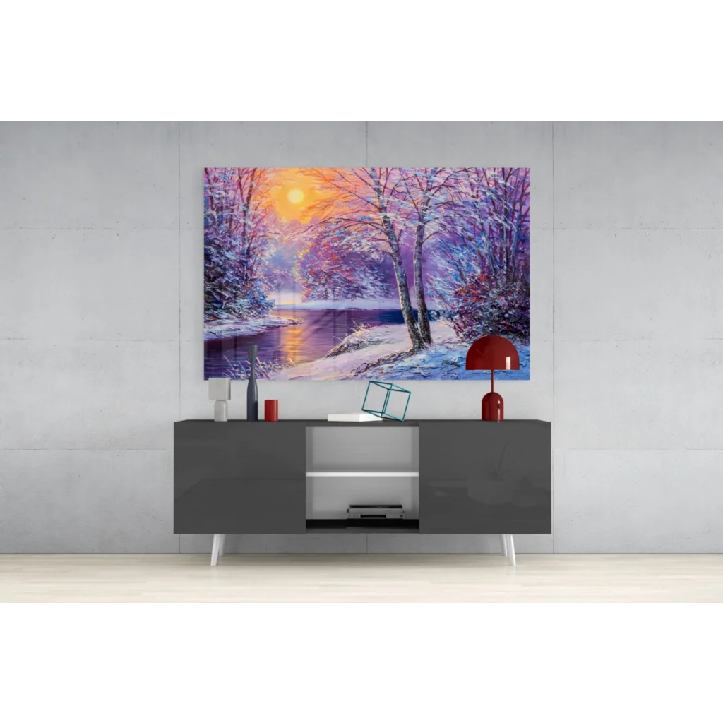 Vibrant winter sunset glass wall art with snow trees and river