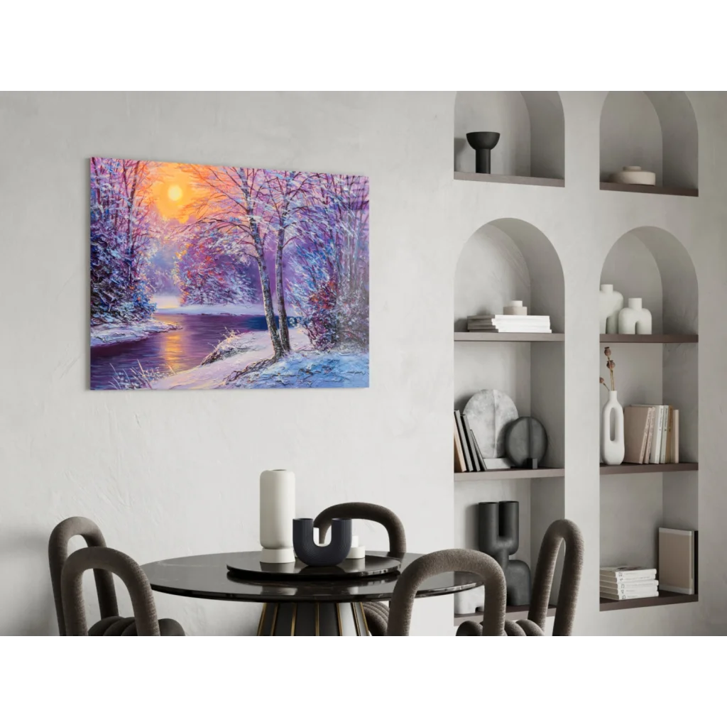Vibrant winter sunset glass wall art with snow trees and orange sun