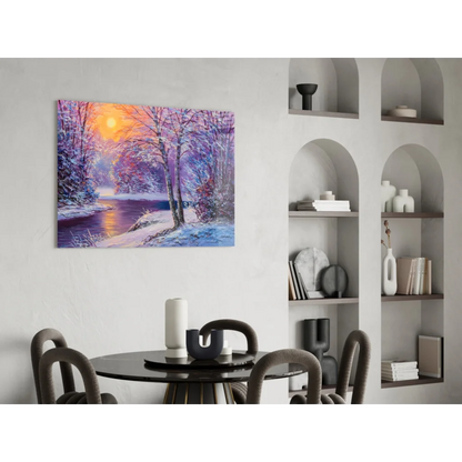 Vibrant winter sunset glass wall art with snow trees and orange sun
