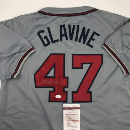 Gray custom jersey with Glavine 47 signature, authentic pro sports collectible