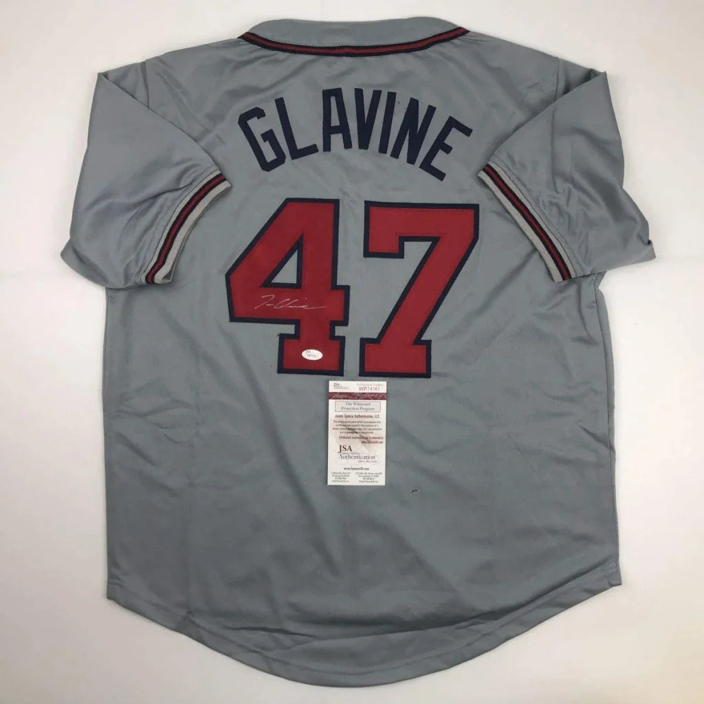 Autographed grey custom jersey with Glavine and 47 in red and black for professional sports fans