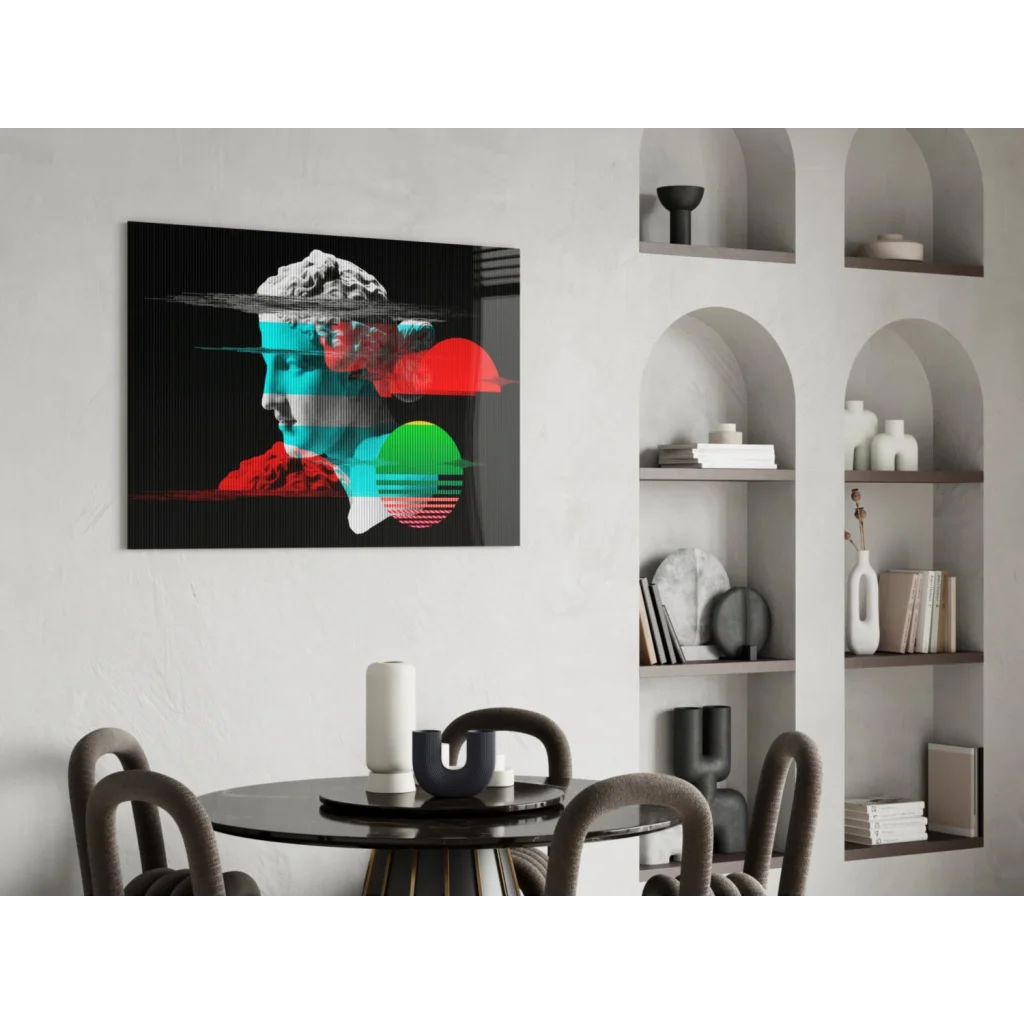 Modern glitch art portrait canvas wall art with neon teal red green overlays