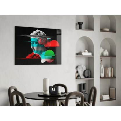 Modern glitch art portrait canvas wall art with neon teal red green overlays