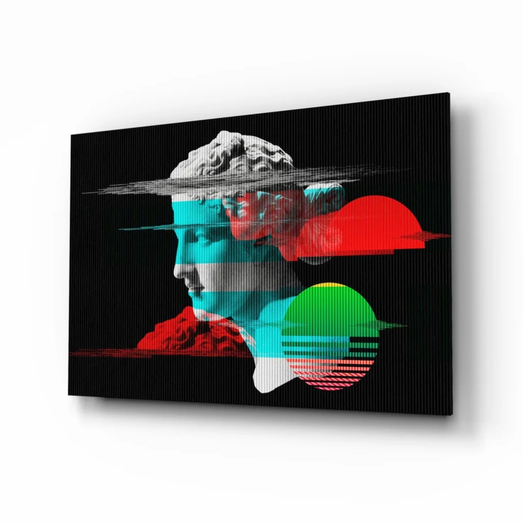 Glitch art portrait canvas wall art with neon overlays on bust