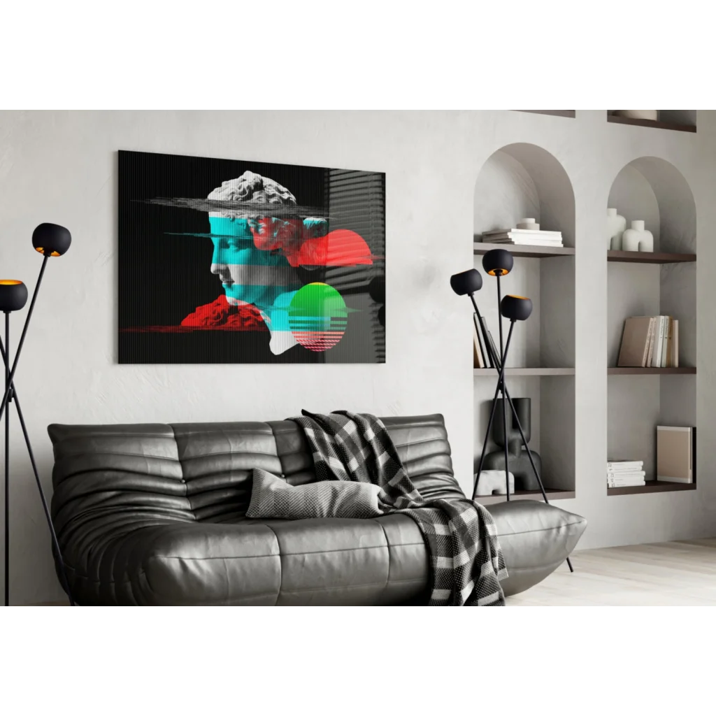 Vibrant glitch art portrait wall art with neon geometric overlays on black