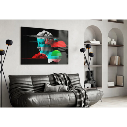 Vibrant glitch art portrait wall art with neon geometric overlays on black